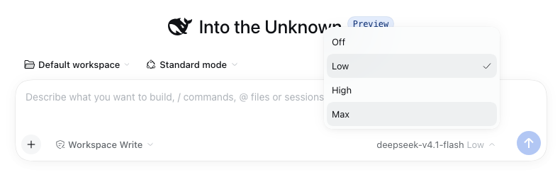 DeepSeek Harness model picker Effort menu: Off, Low, High, Max