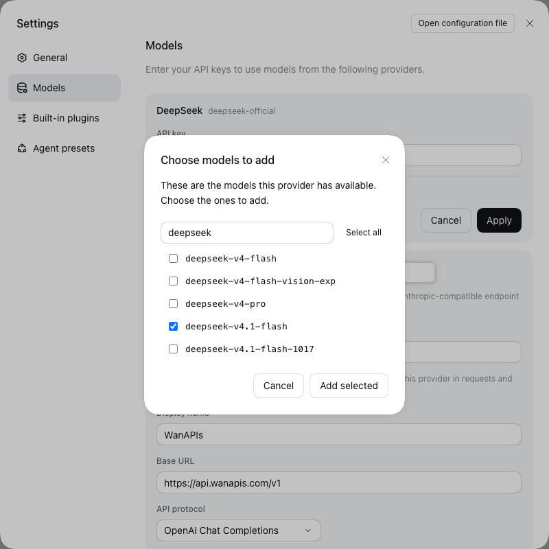 DeepSeek Harness Choose models to add dialog: searching deepseek with only deepseek-v4.1-flash ticked