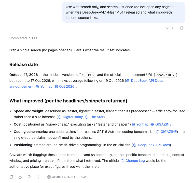 DeepSeek Harness chat: a single web search answering when DeepSeek-V4.1-Flash-1017 was released, with source links