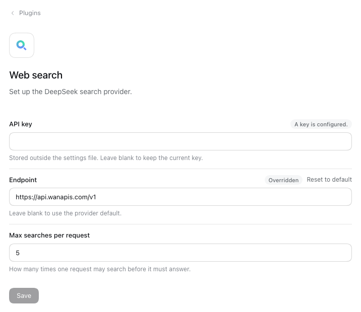 DeepSeek Harness Plugins → Web search page: Endpoint https://api.wanapis.com/v1 and A key is configured