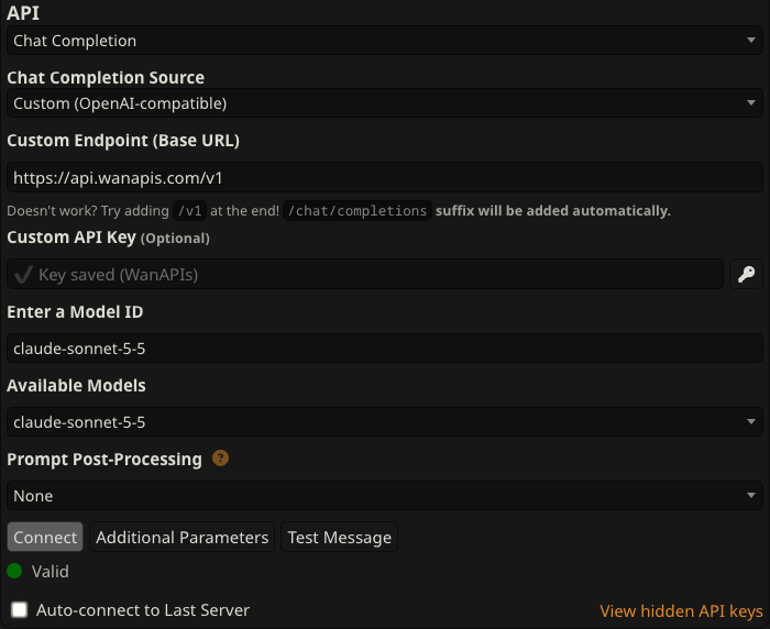 SillyTavern 1.19.0 API Connections panel with the WanAPIs base URL filled in and the status showing Valid